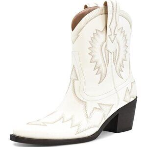 Women's Metallic Embroidered Pointed Toe Cowgirl Boots Chunky Heel Pull-On White